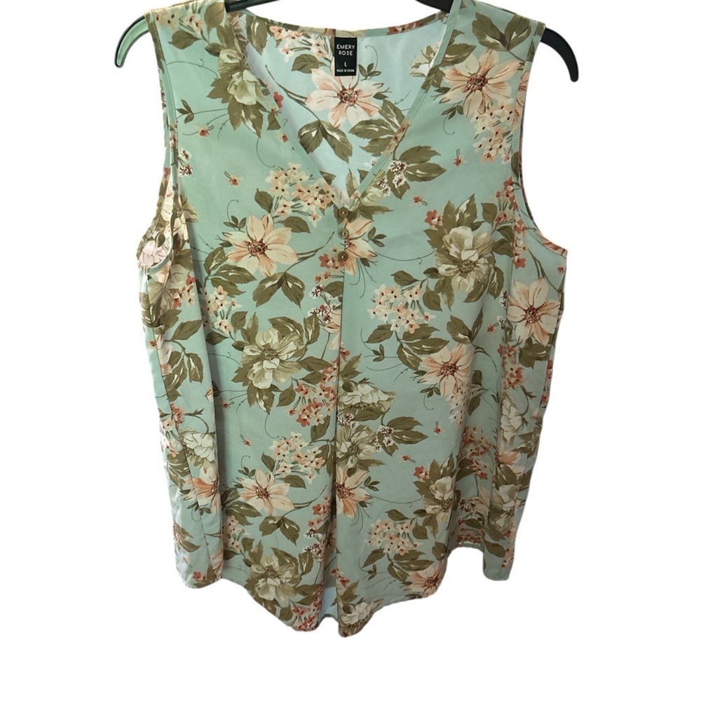 Tank Top Blouse with sky blue background, soft pink & green florals. PTP 20 L 26
